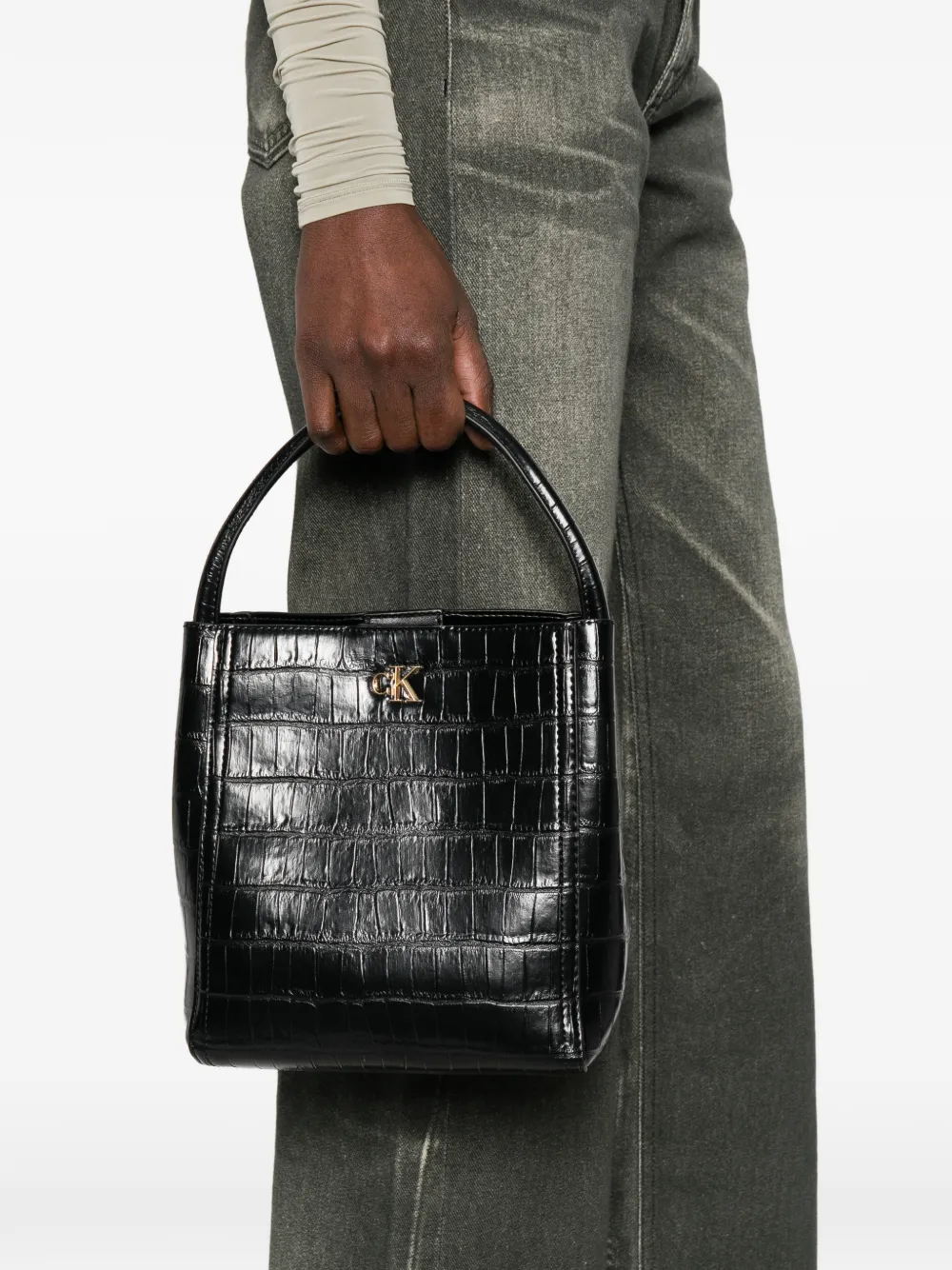  Calvin Klein Croc Bucket Strap Tote Bag - Black 