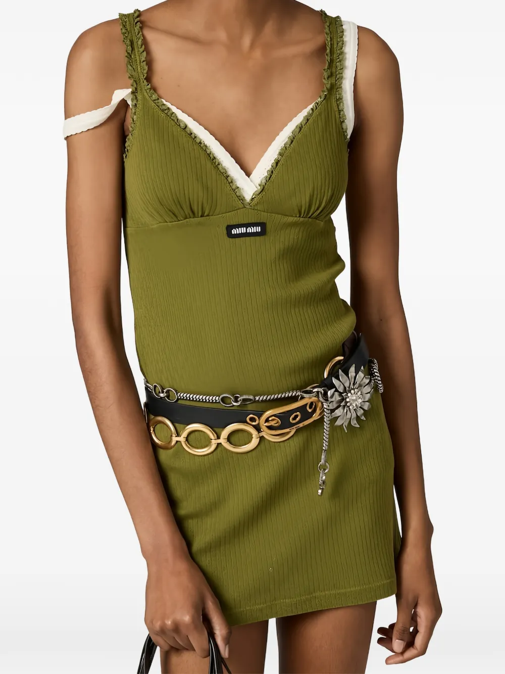 Miu Ribgebreide top met kanten afwerking Groen