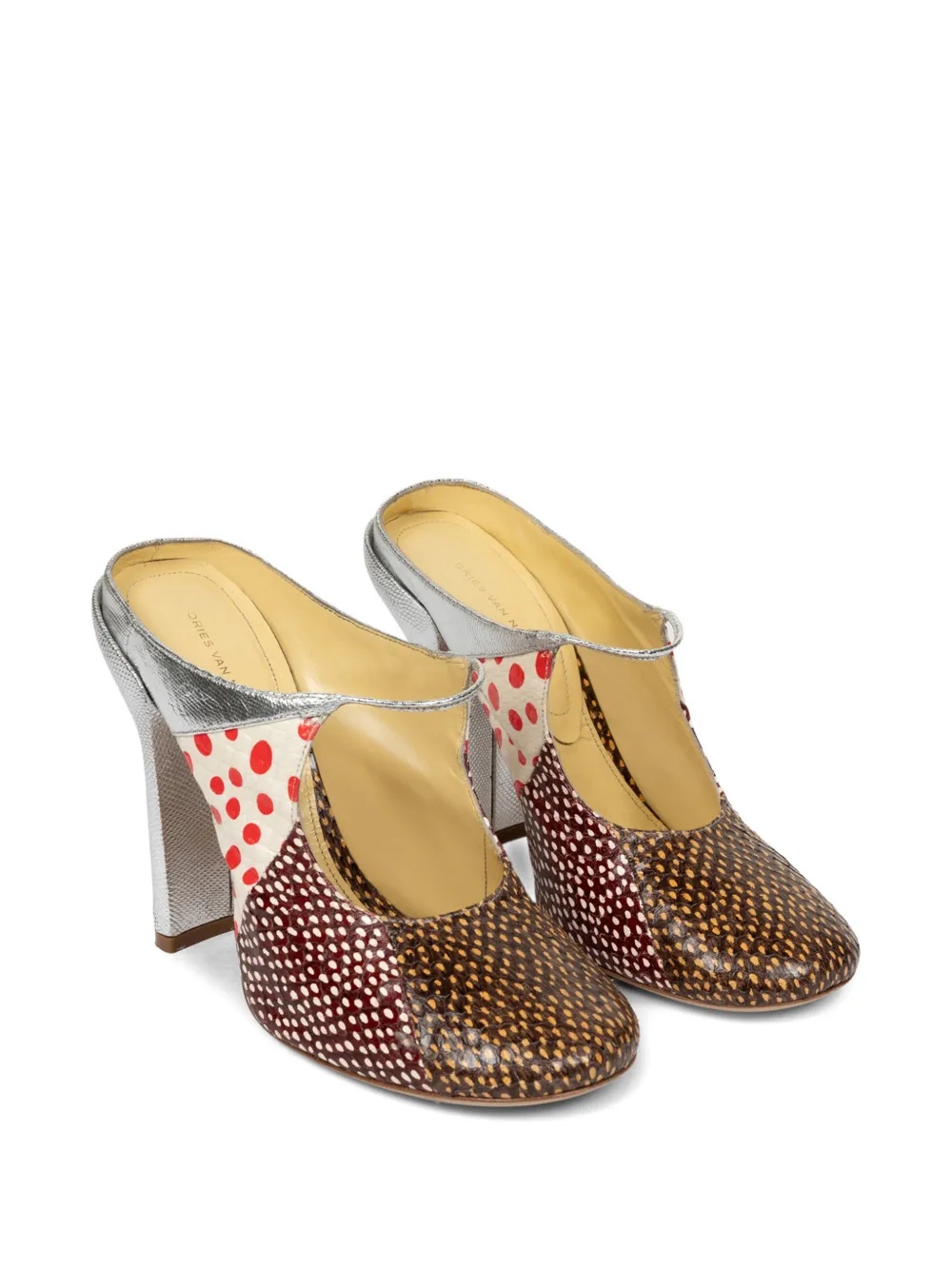 DRIES VAN NOTEN Muiltjes met patchwork en hak Zilver