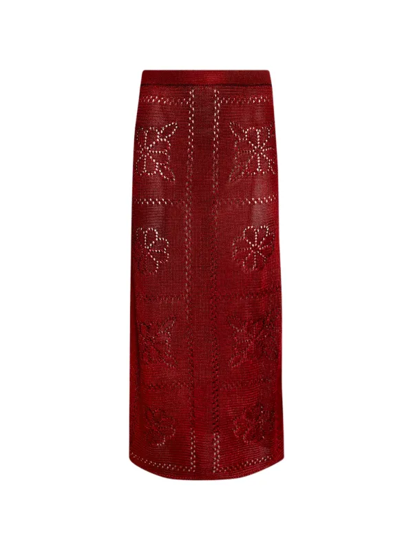 Calle Del Mar Floral Midi Skirt in Red