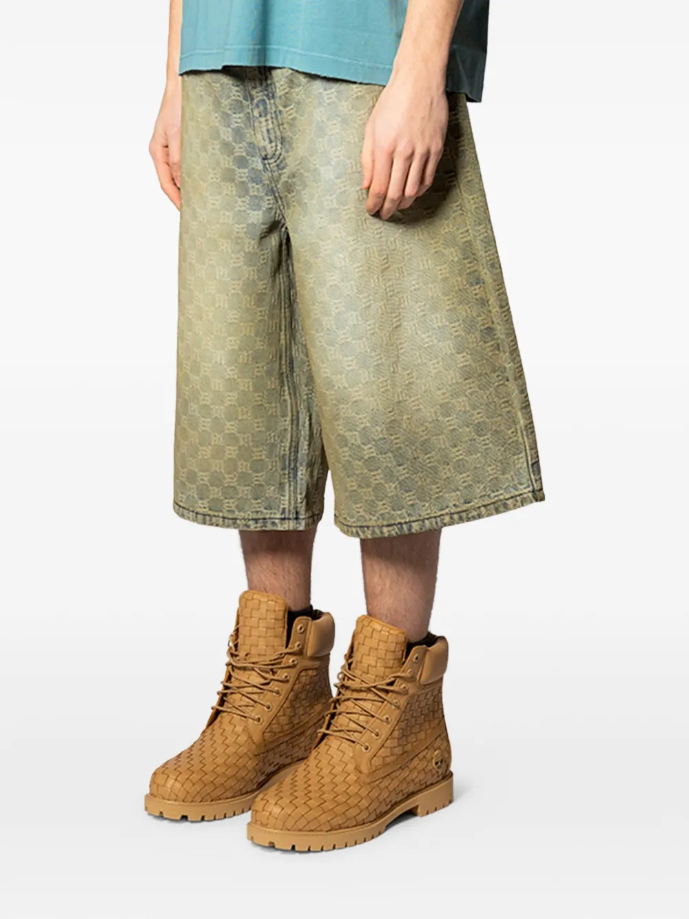 patterned denim shorts