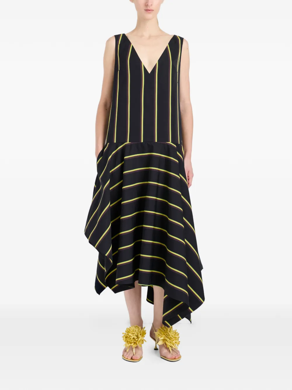 Proenza Schouler Beatriz gestreepte midi-jurk met V-hals Zwart