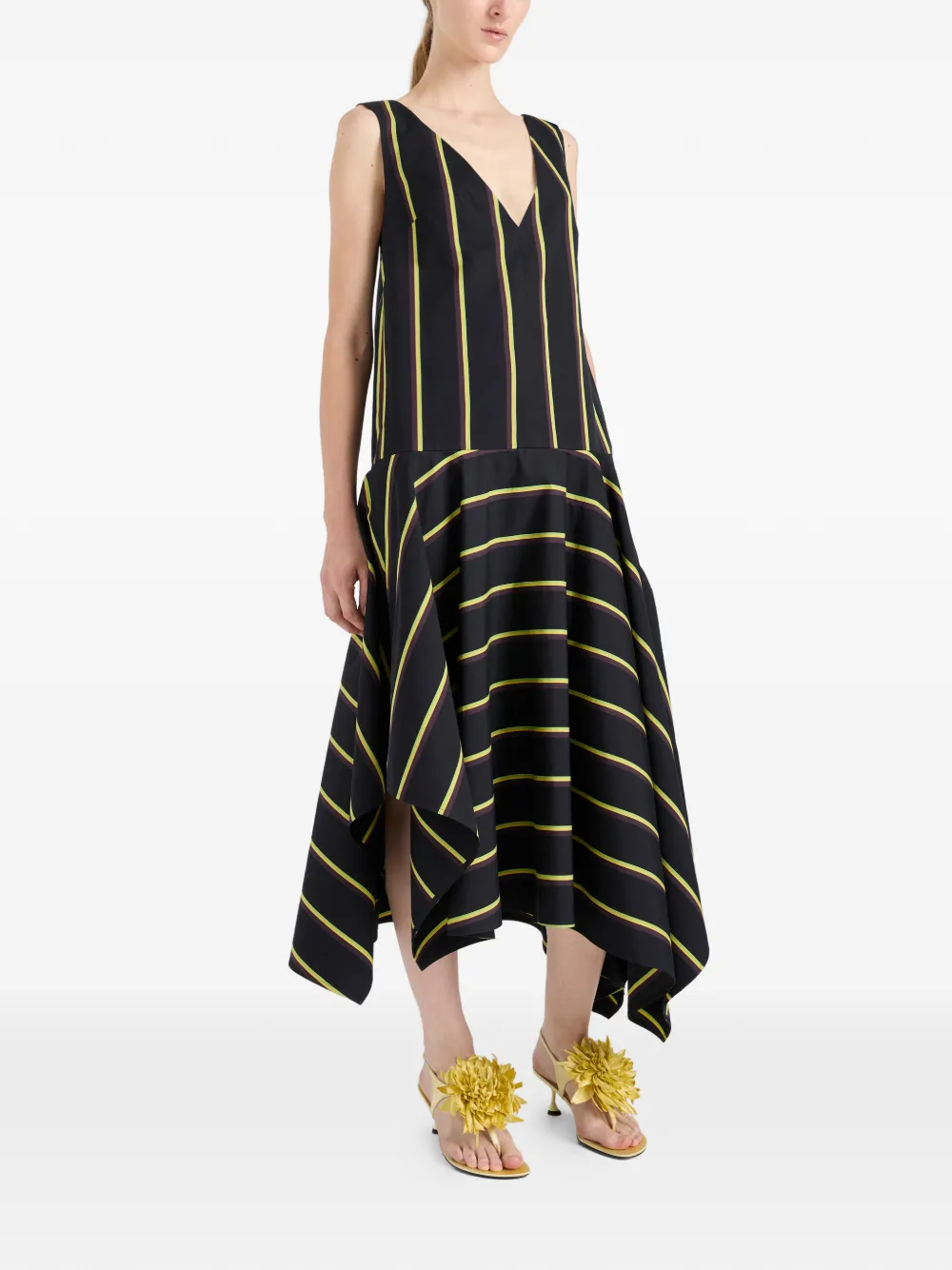 Proenza Schouler Beatriz gestreepte midi-jurk met V-hals Zwart