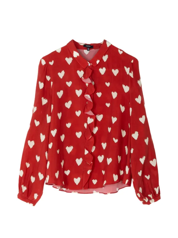 R13 Heart Print Ruffle Blouse in Red