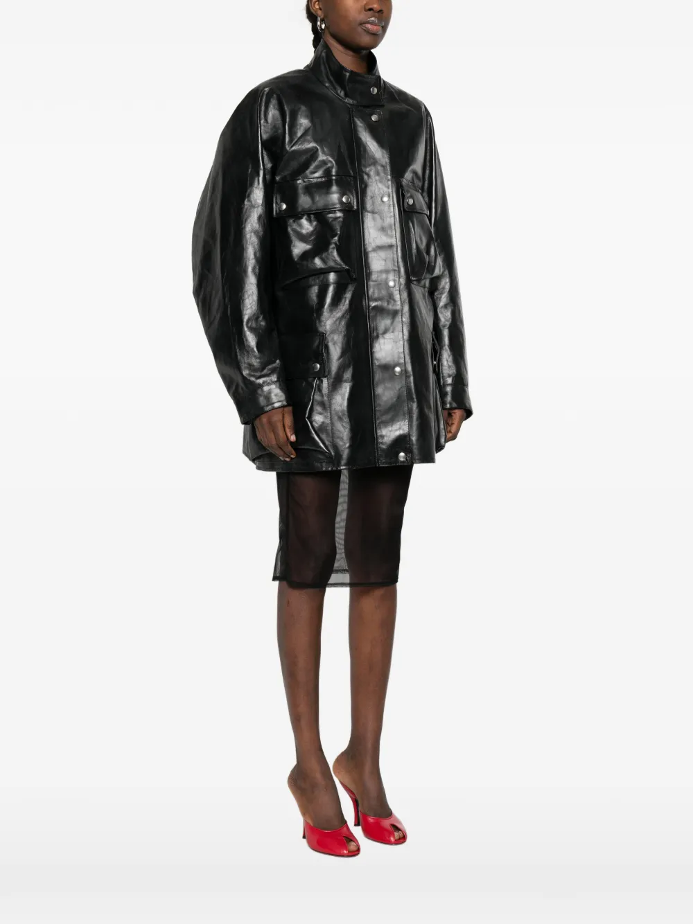  Prada Zip-up Leather Coat - Black 