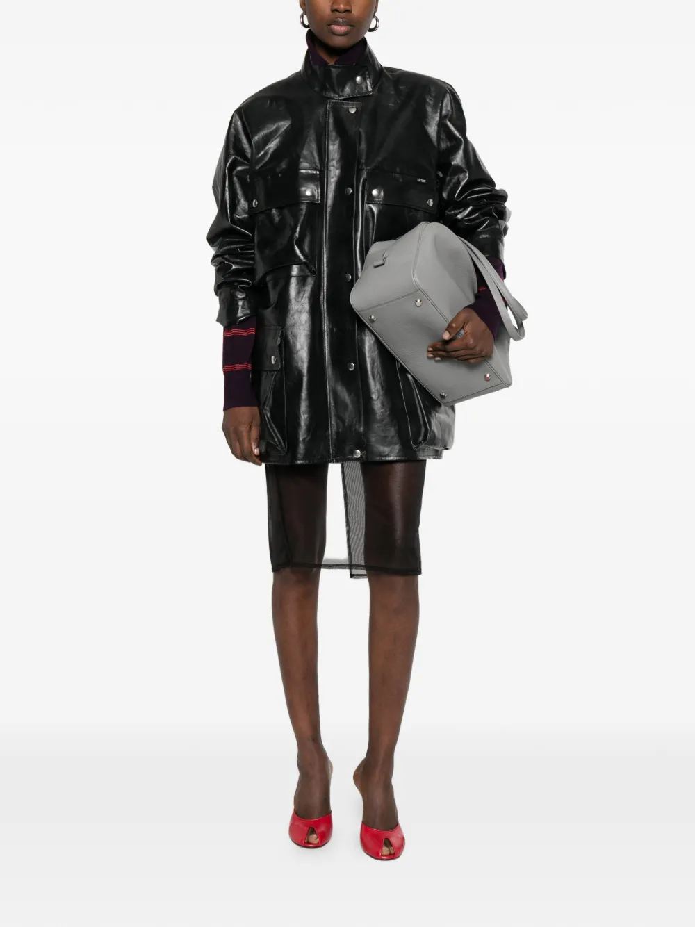  Prada Zip-up Leather Coat - Black 