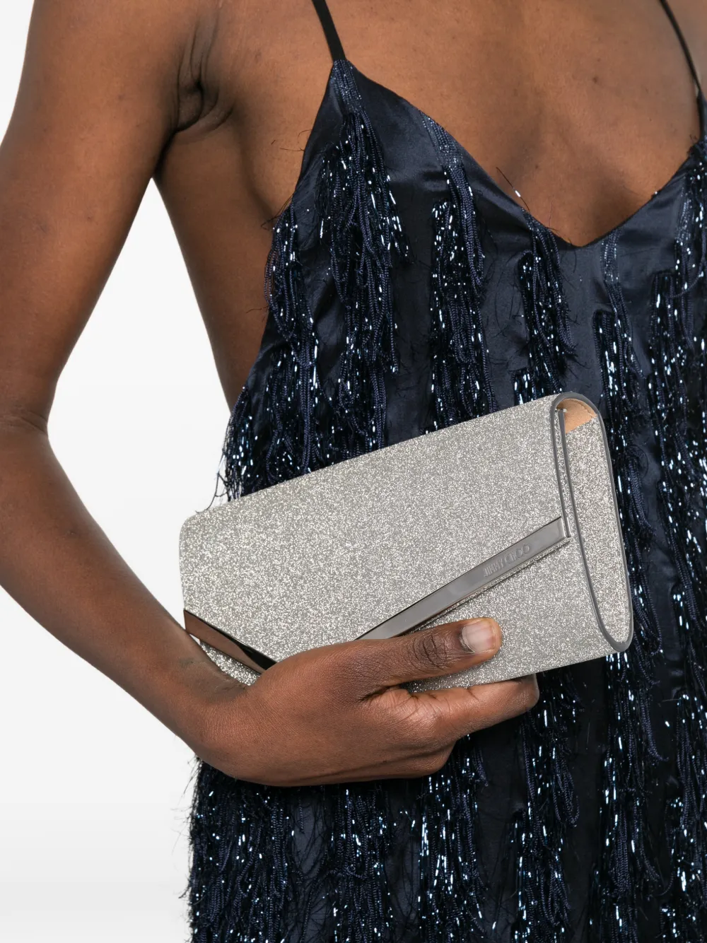 Jimmy Choo Emmie Glitter Chain Clutch Bag | Silver | FARFETCH UK