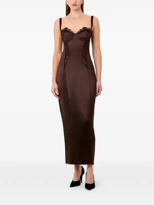 nicholas brown dress Dominique lace-detail Maxi | Color:AS PHOTO ( WITHOUT GLOVES ) Vintage Umstandsmode Muster OSCAR DE LA RENTA Model is wearing a