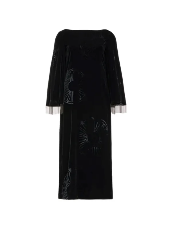 Themis Z Kyma Fringe Patterned Midi Dress in Black