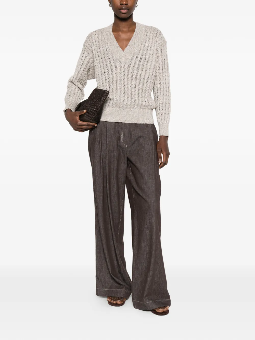 Brunello Cucinelli Trui verfraaid met pailletten en V-hals Beige