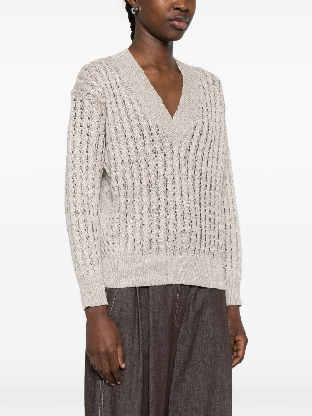 Brunello Cucinelli Trui verfraaid met pailletten en V-hals Beige