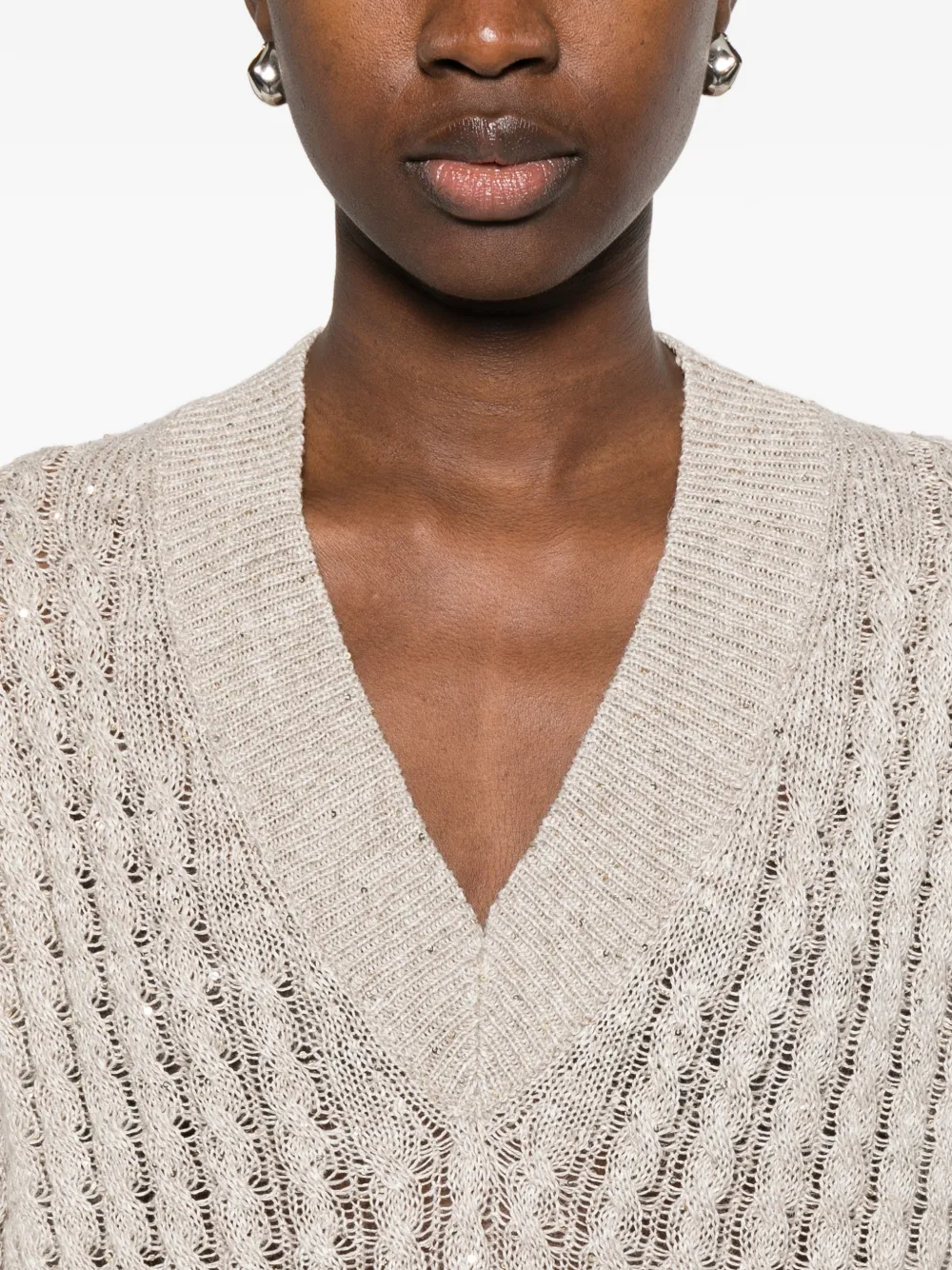 Brunello Cucinelli Trui verfraaid met pailletten en V-hals Beige