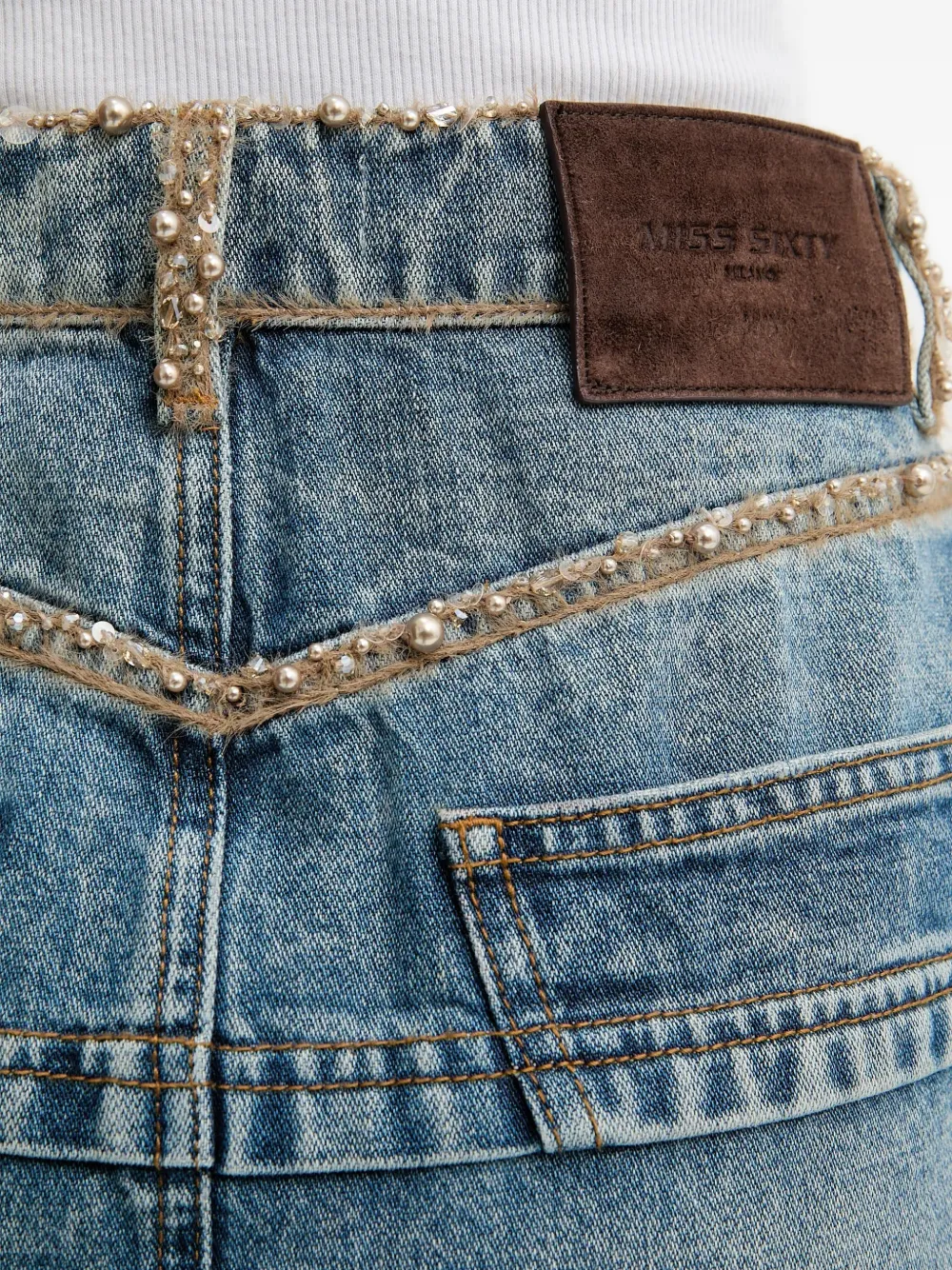Beaded-Trim Denim Midi Skirt