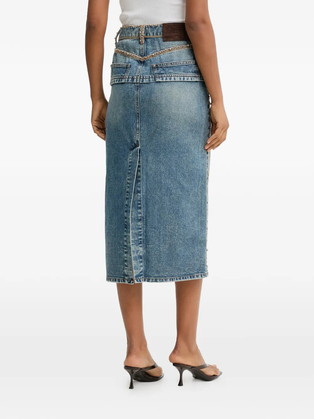 Beaded-Trim Denim Midi Skirt