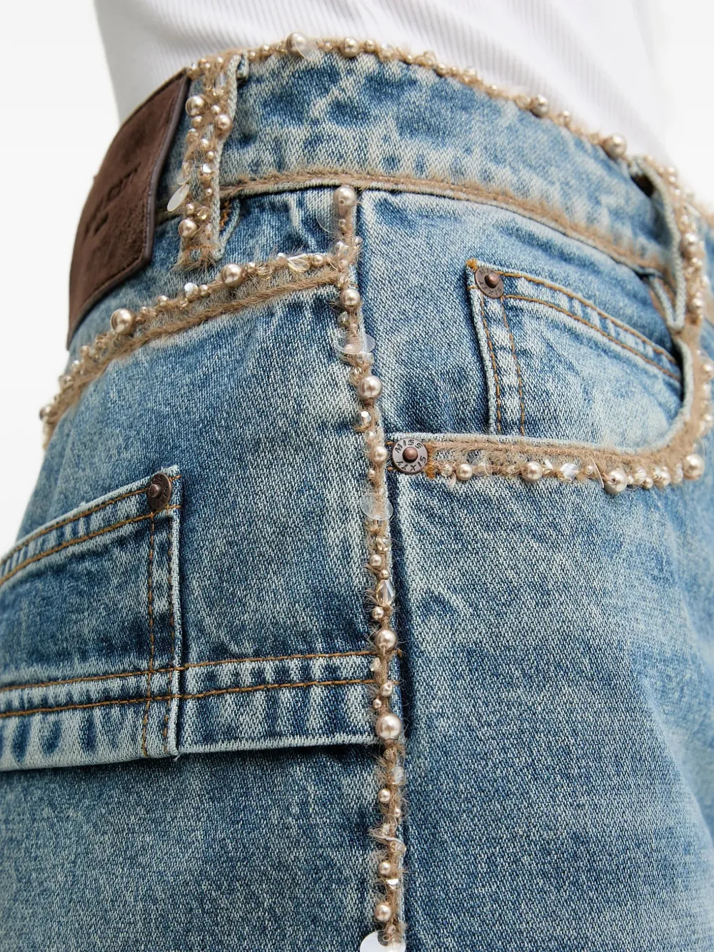 Beaded-Trim Denim Midi Skirt
