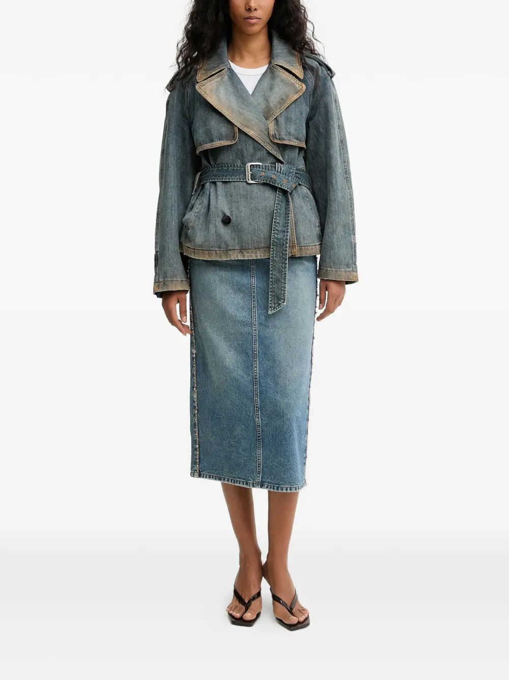 Beaded-Trim Denim Midi Skirt