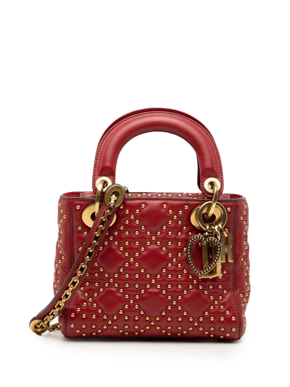 Christian Dior Pre-Owned 2017 Mini Lambskin Cannage Studded Supple Lady Dior satchel - Rosso