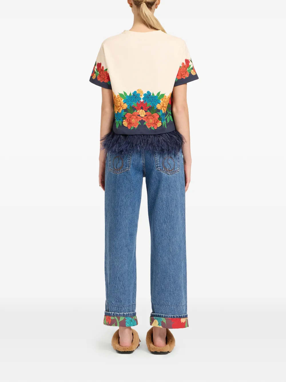  La Doublej Floral Cuff Embroidered Jeans - Blue 