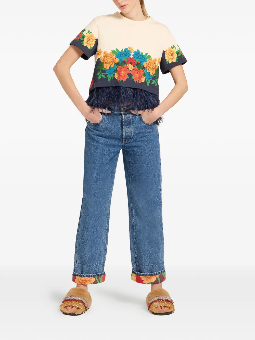  La Doublej Floral Cuff Embroidered Jeans - Blue 