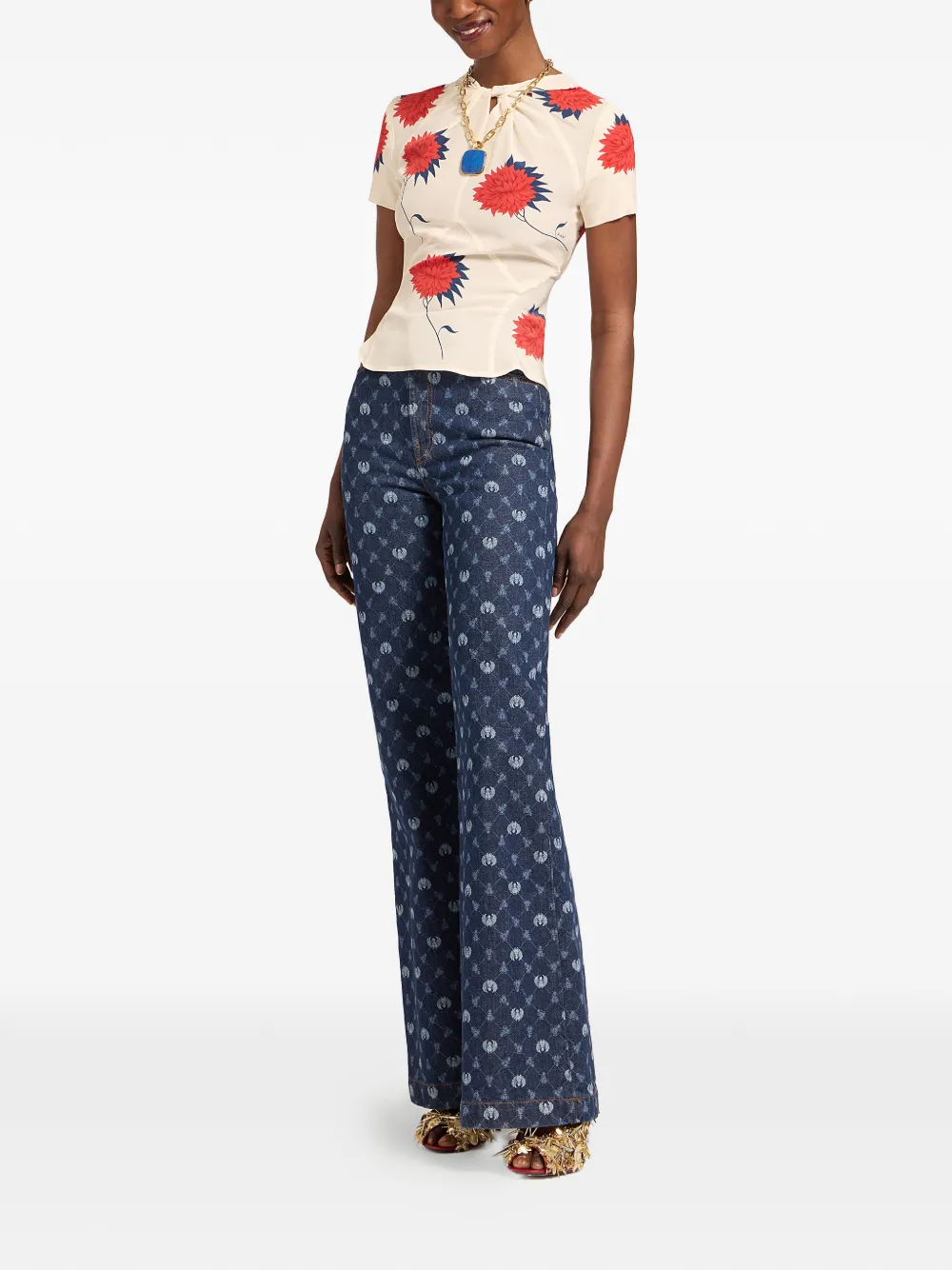  La Doublej Check Print Jeans - Blue 