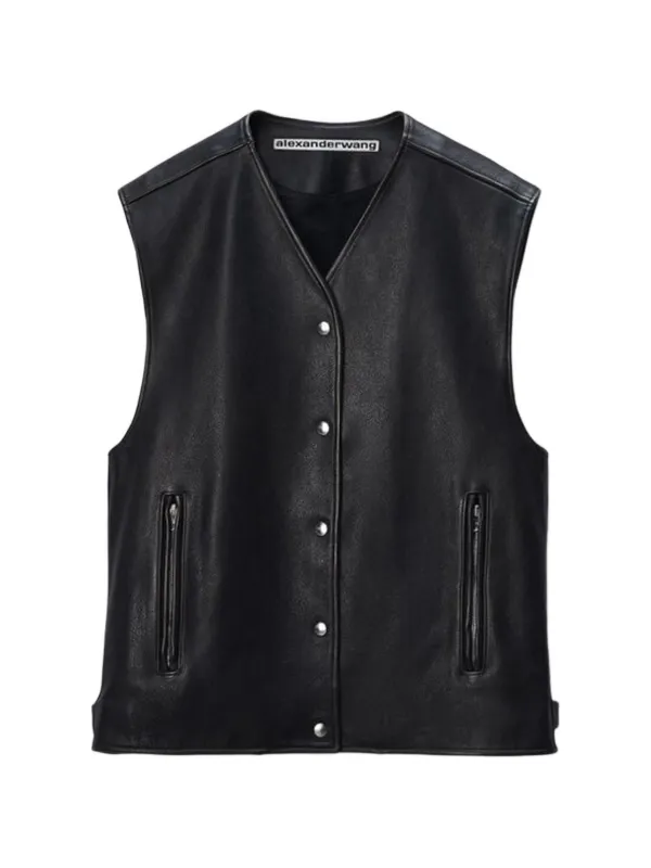 Alexander Wang Boxy Moto Vest in Leather in Black