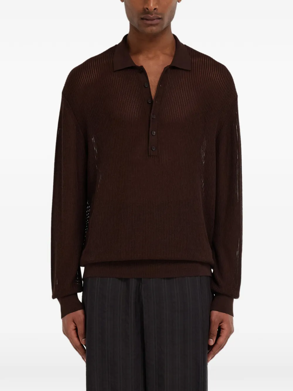 Ferragamo Gebreid zijden poloshirt met lange mouwen Bruin