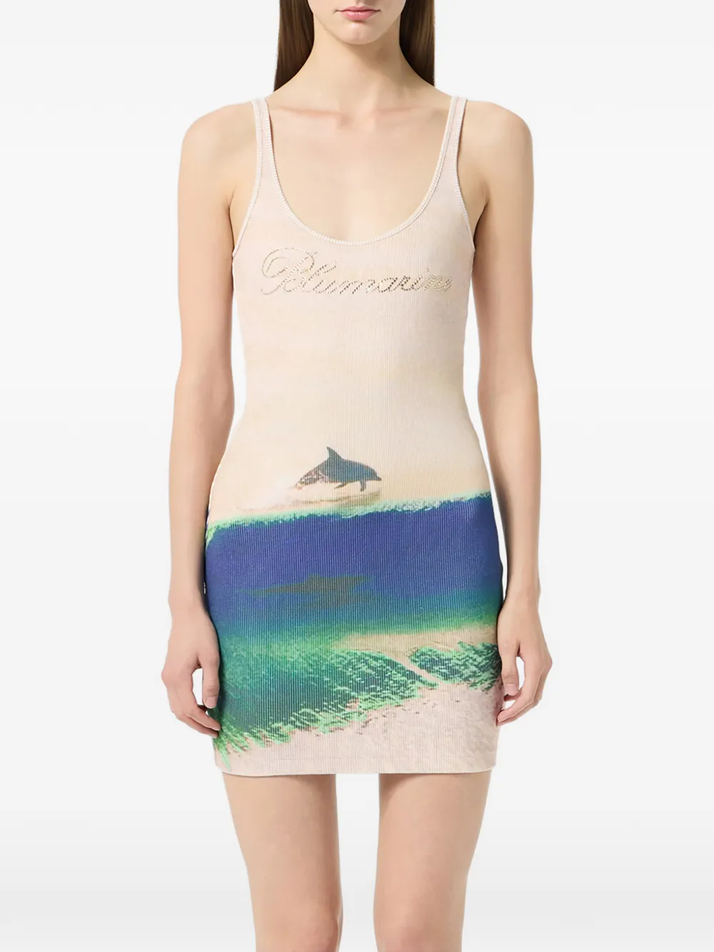 Blumarine Geribbelde jurk met print Beige