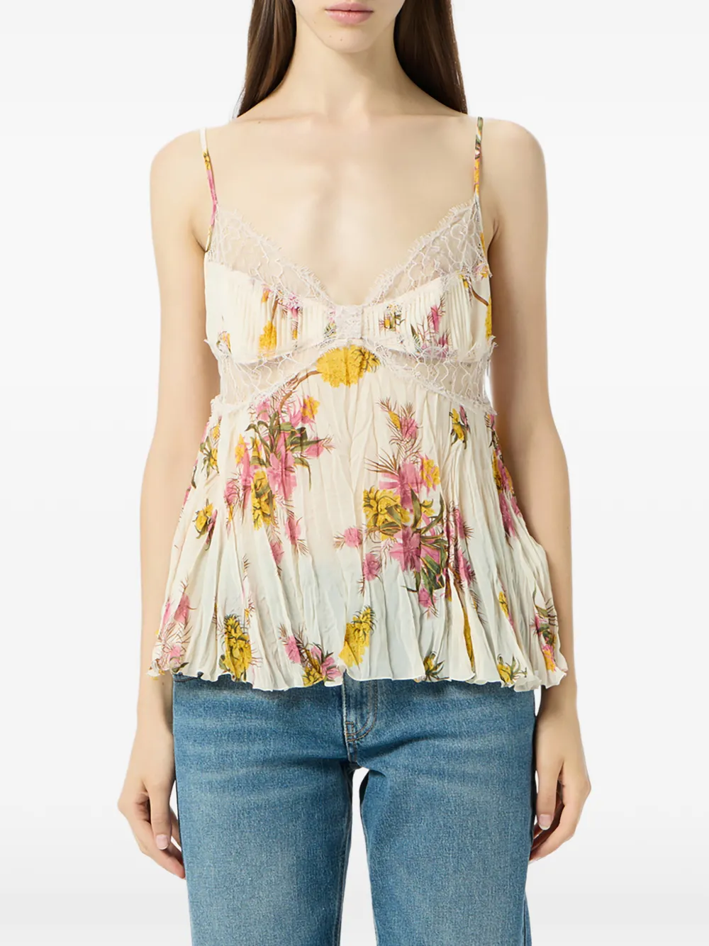  Blumarine Georgette Lace Floral Top - Neutrals 