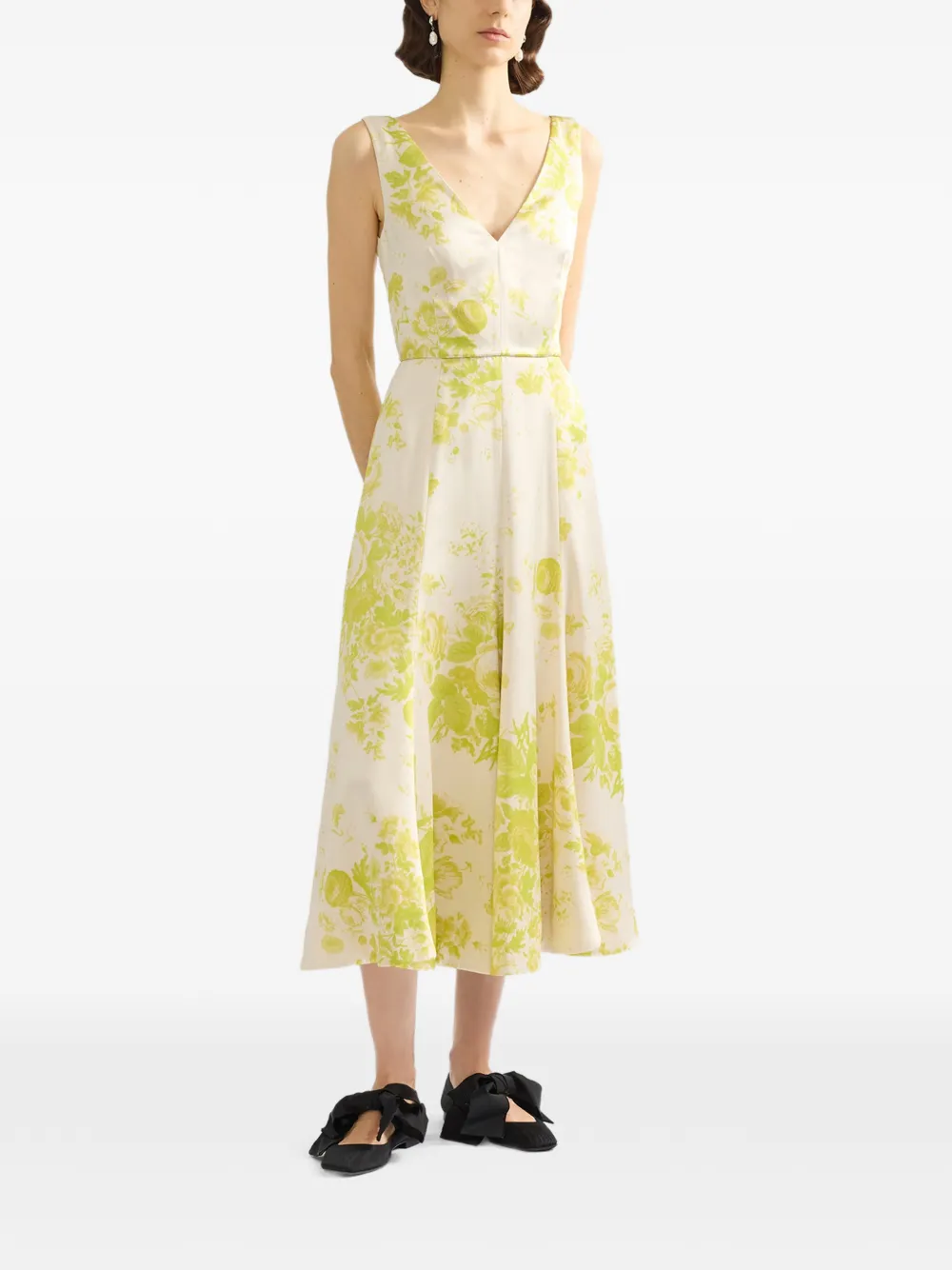 ERDEM Midi-jurk met bloemenprint en V-hals Beige