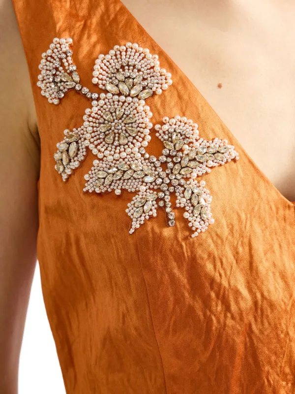erdem orange dress Erdem Puff Sleeve Gown with Floral Applique Detail