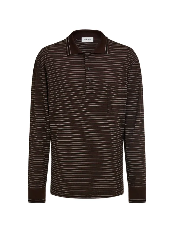 Ferragamo Long Sleeve Striped Polo Shirt in Brown