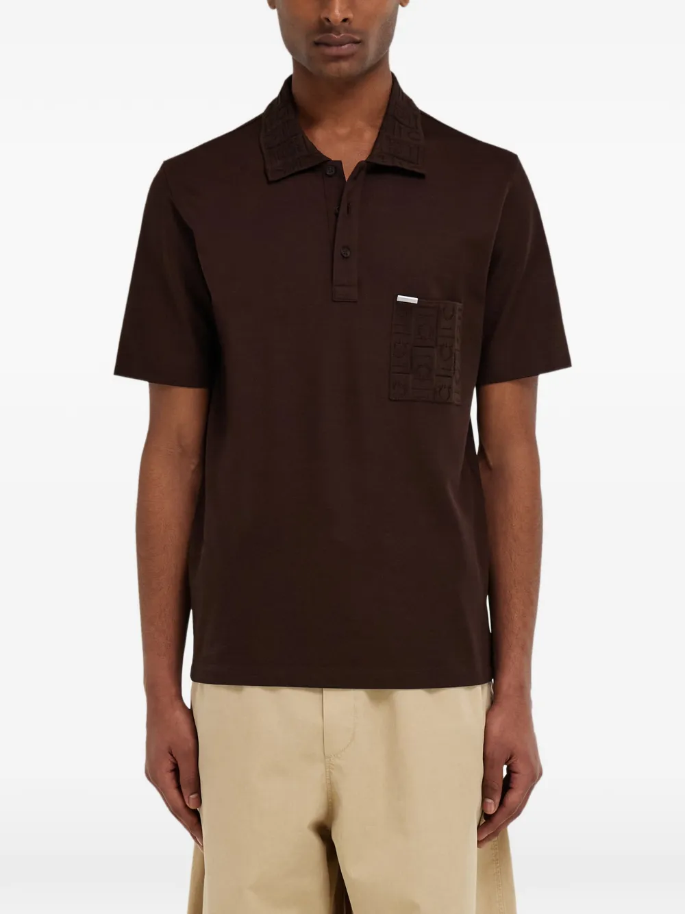 Ferragamo Poloshirt met V-hals en jacquard Bruin
