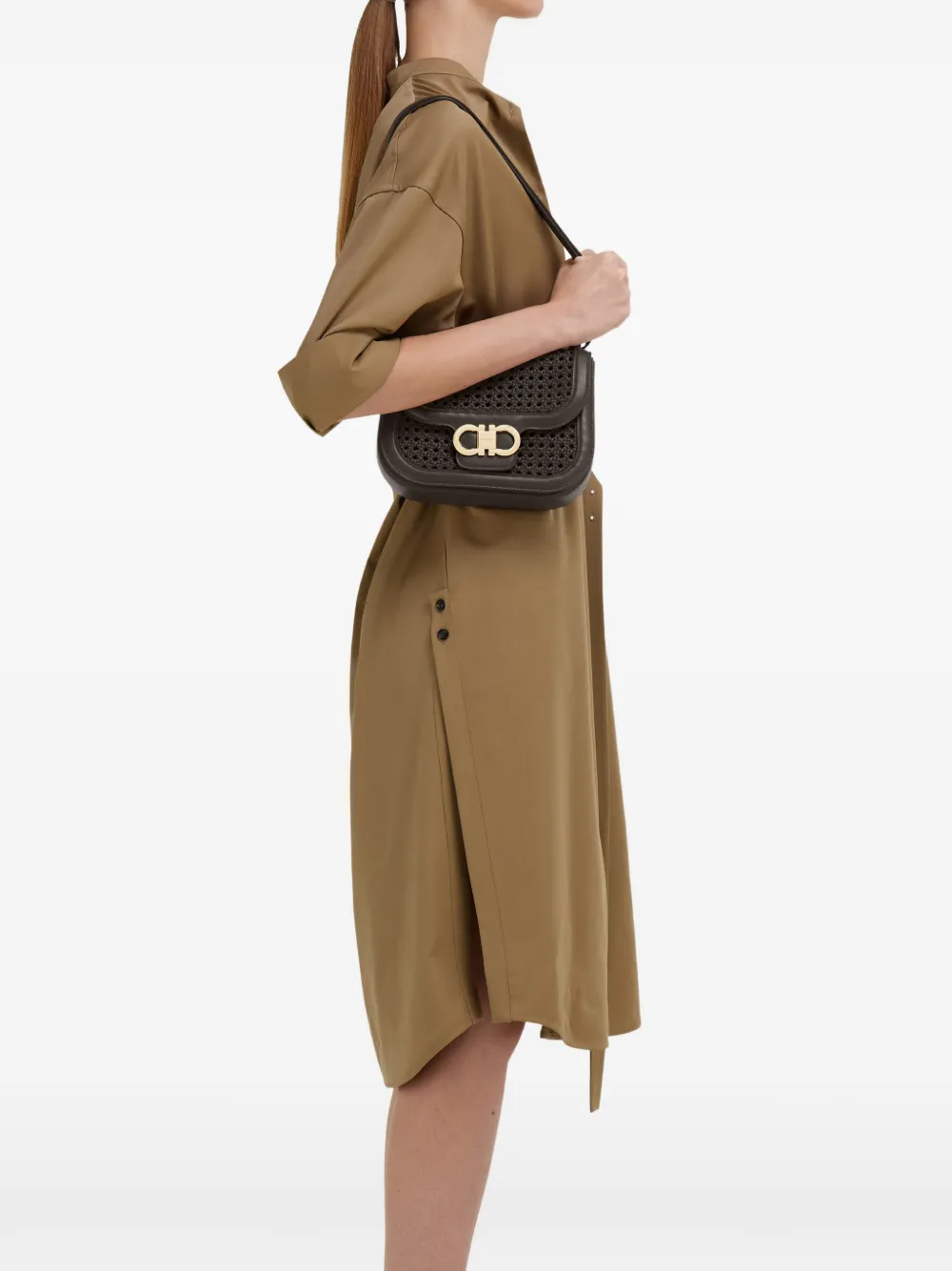 Ferragamo Double Gancini North-South crossbodytas (XS) Bruin