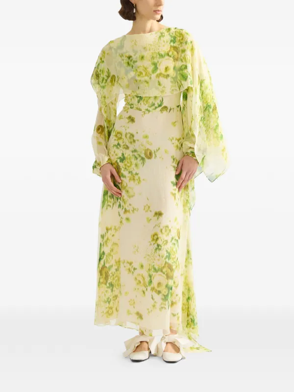erdem maxi dress ERDEM Asymmetric frayed pleated floral-print crinkled-satin maxi dress
