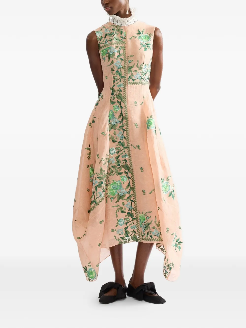 ERDEM Midi-jurk met geborduurde bloemen en zakdoek afwerking Roze