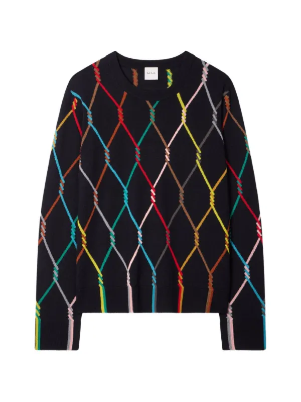 Paul Smith Women's Knitted Sweater with Signature Stripe Diamond Pattern in Black