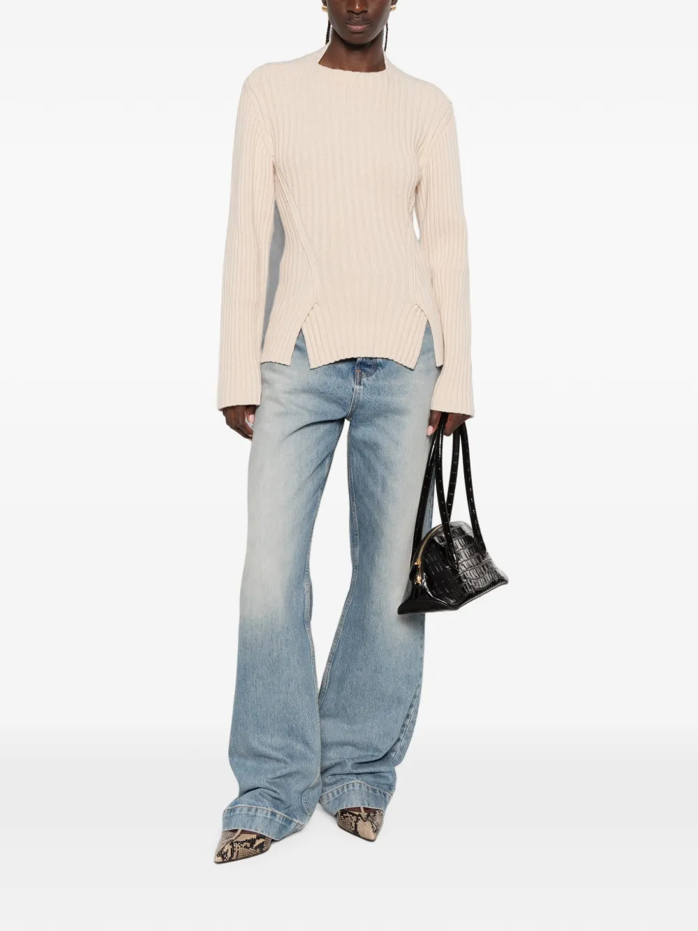 Victoria Beckham Ribbed-knit Slit-hem Sweater in Neutrals, view 2