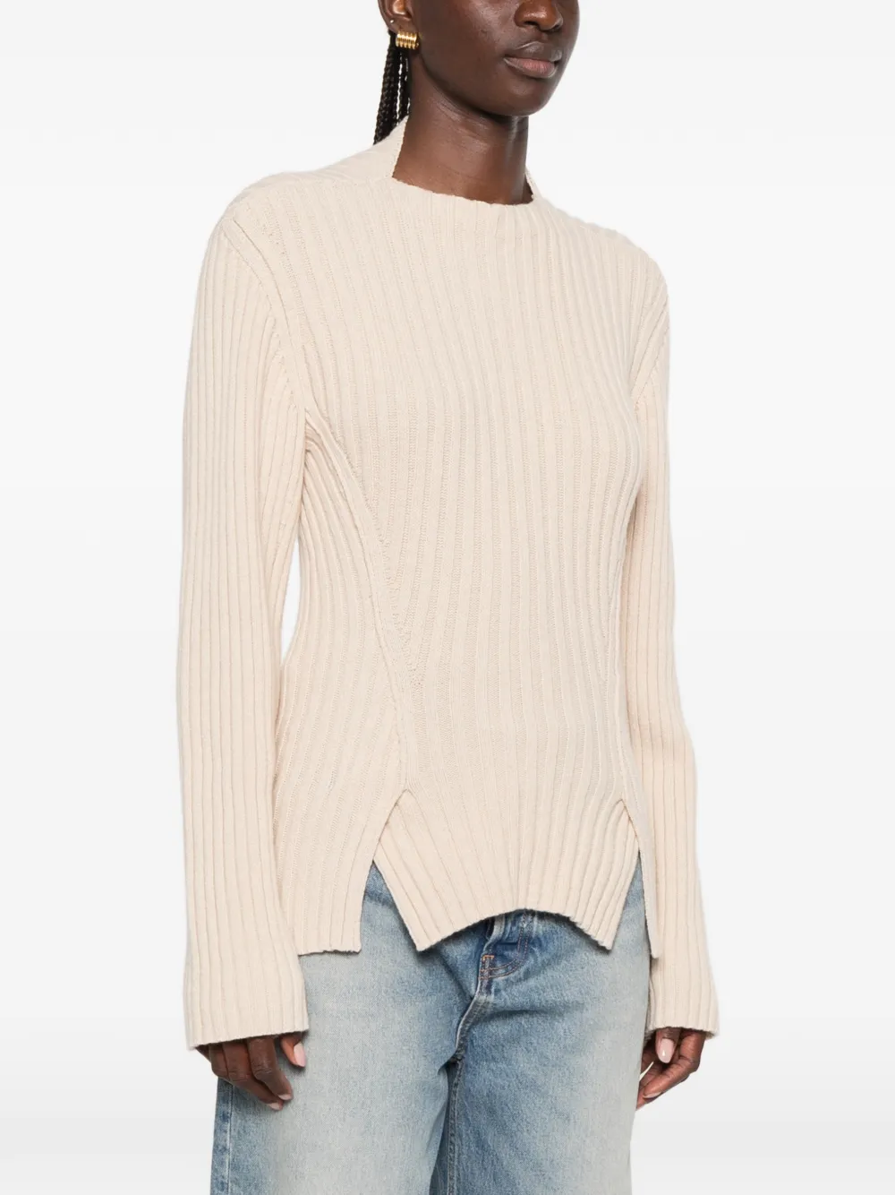 Victoria Beckham Ribbed-knit Slit-hem Sweater in Neutrals, view 3