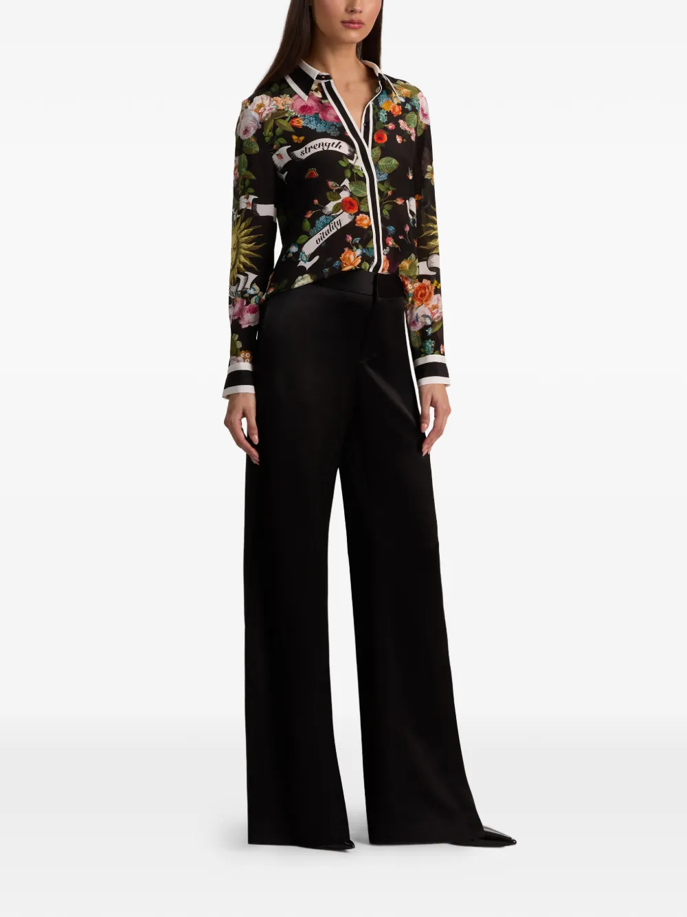  Alice + Olivia Floral Collared Silk Shirt - Black 