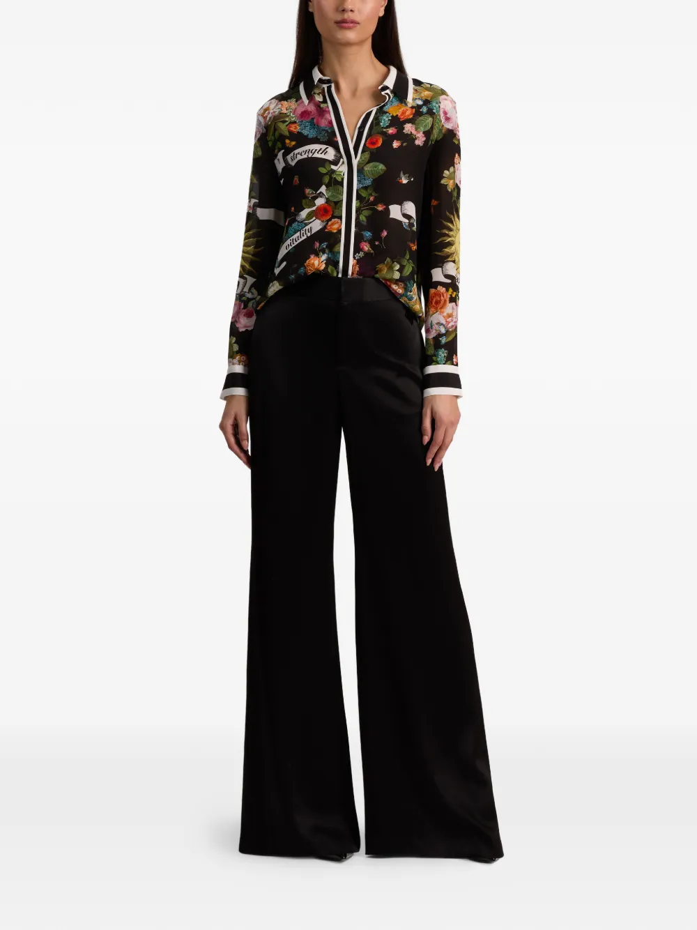  Alice + Olivia Floral Collared Silk Shirt - Black 