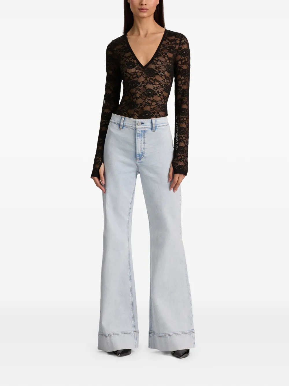  Alice + Olivia Teagan V-neck Lace Bodysuit - Black 
