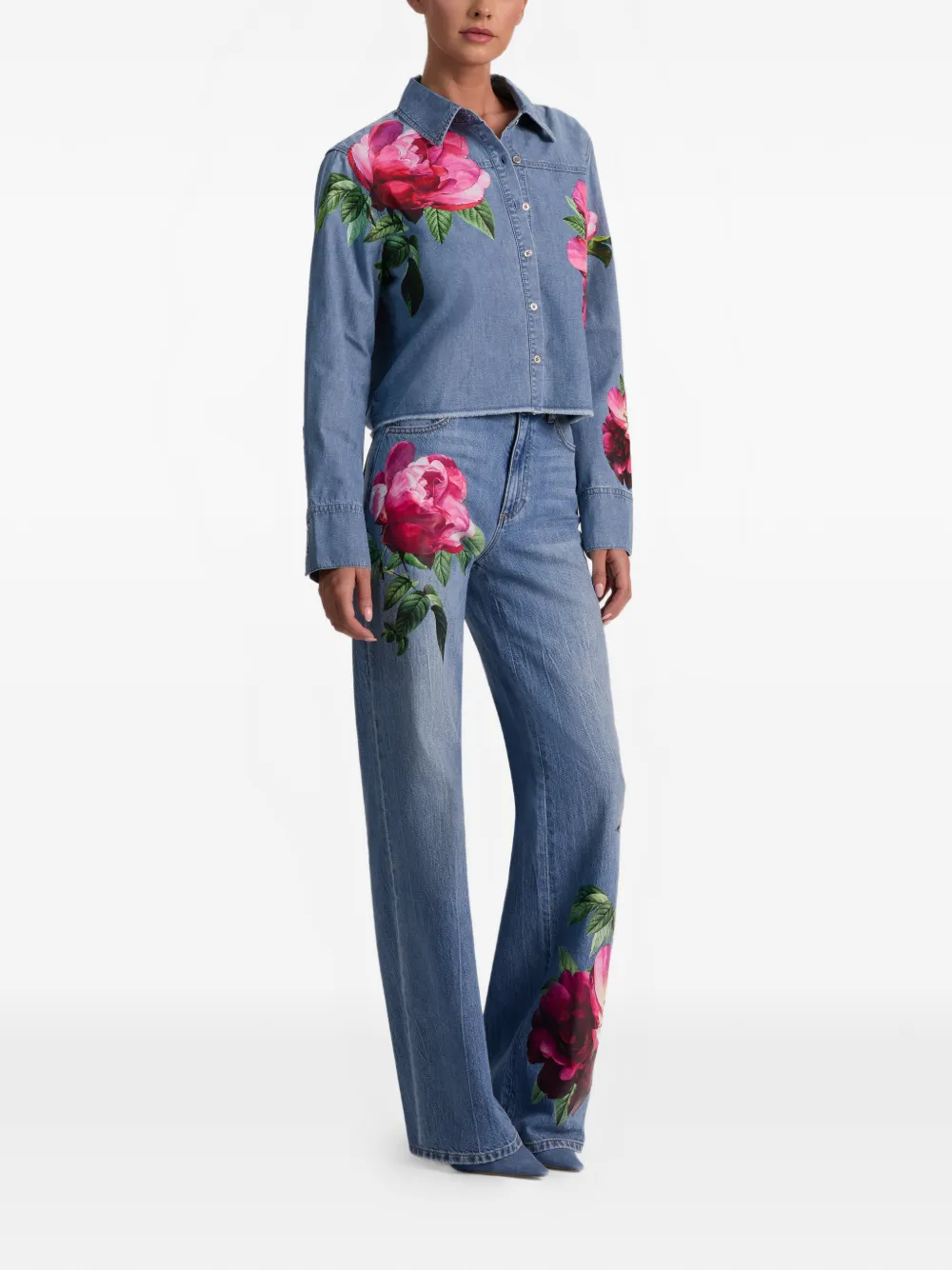 alice + olivia Cropped denim blouse met bloemen Blauw