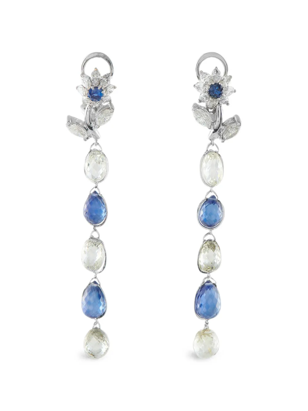 Pre-owned Lb Exclusive Floral-motif Diamond And Sapphire Drop Earrings In Silver