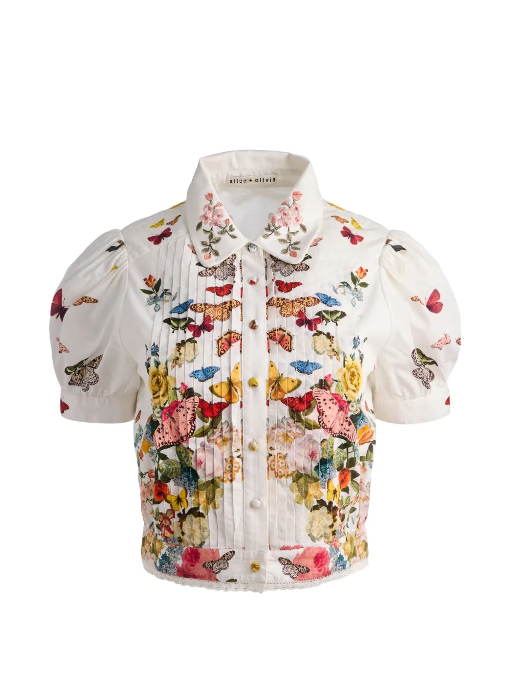 alice + olivia Rosie floral puff-sleeve cropped shirt - White