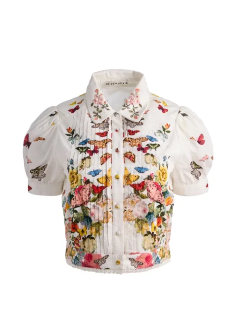 alice + olivia Rosie floral puff-sleeve cropped shirt