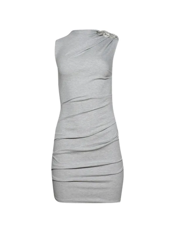 David Koma Crystal Brooch Ruched Mini Dress in Grey