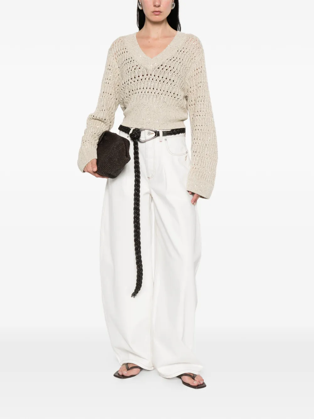 Brunello Cucinelli Opengewerkte trui met V-hals Beige