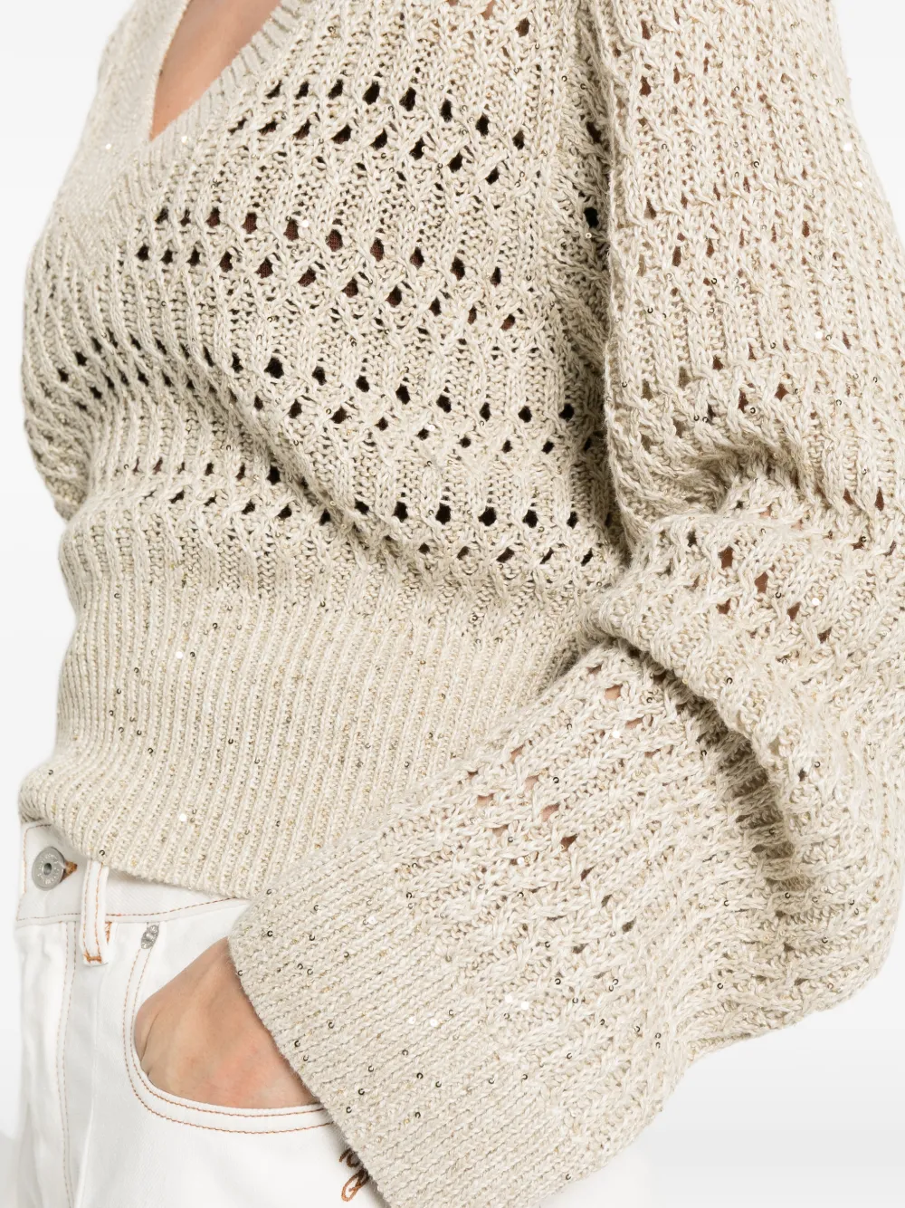 Brunello Cucinelli Opengewerkte trui met V-hals Beige