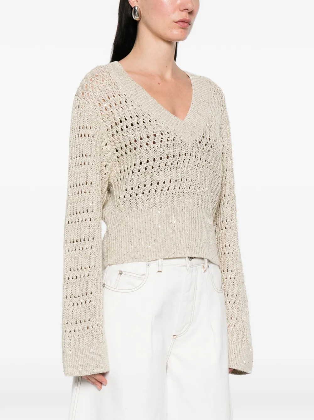 Brunello Cucinelli Opengewerkte trui met V-hals Beige