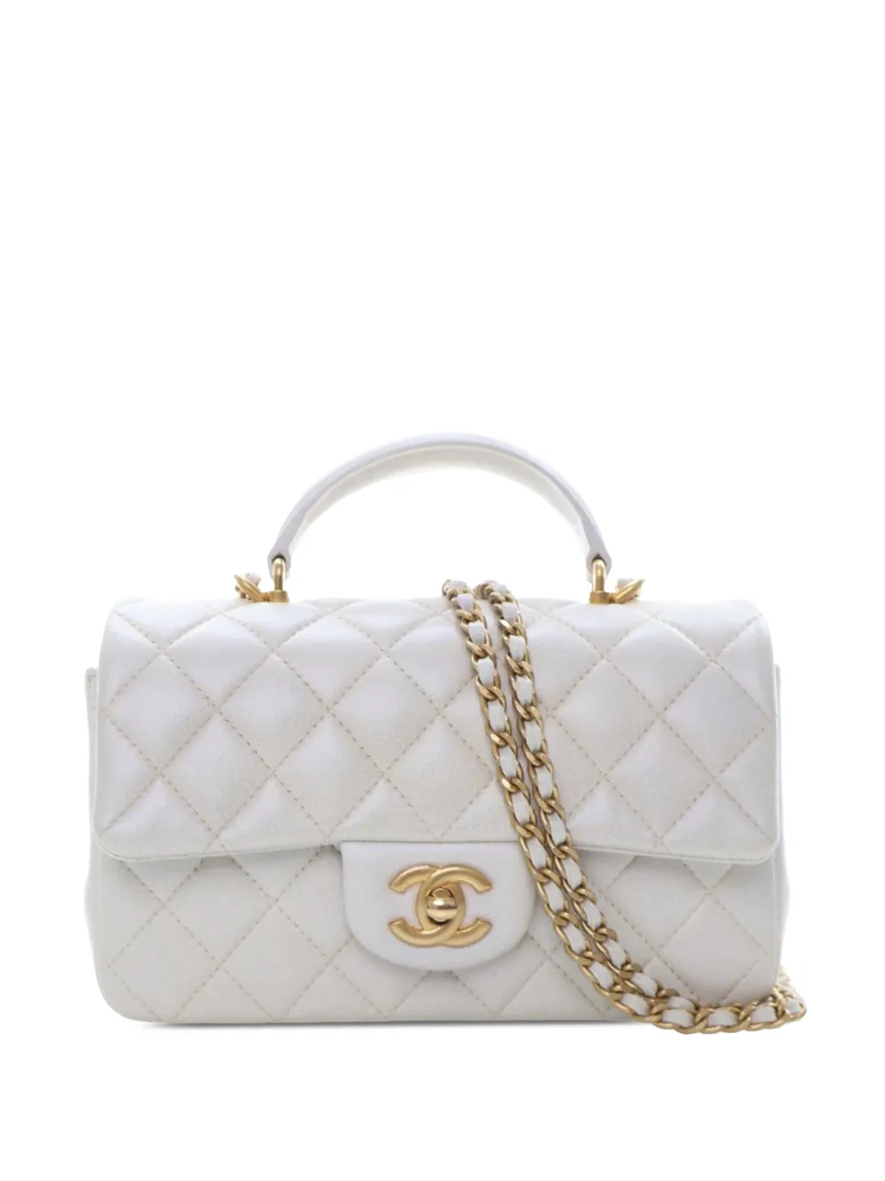 CHANEL Pre-Owned 2021 Mini Rectangular Quilted Iridescent Lambskin Top Handle Flap satchel - Bianco